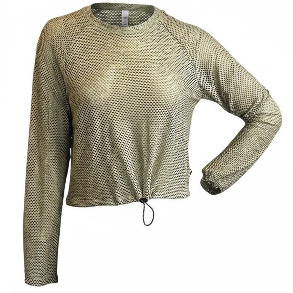 Roark Olive Green Mesh Long Sleeve Cropped Top Drawstring Hem Sz S #115Y